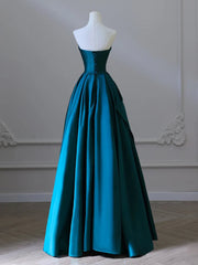 A-Line Strapless Satin Peacock Blue Long Prom Dresses, Simple Peacock Blue Evening Dresses