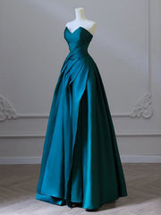 A-Line Strapless Satin Peacock Blue Long Prom Dresses, Simple Peacock Blue Evening Dresses