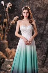 A Line Strapless Sleeveless Appliques Ombre Silk Like Satin Sweep Train Prom Dresses