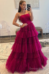 A-Line Strapless Tulle Long Prom Dress with Tiered Ruffles