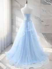 A-line Sweetheart Appliques Lace Sweep Train Tulle Dresses