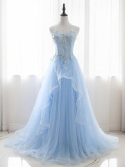 A-line Sweetheart Appliques Lace Sweep Train Tulle Dresses