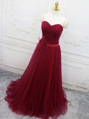 A-Line Sweetheart Neck Burgundy Long Prom Dresses, Burgundy Bridesmaid Dresses