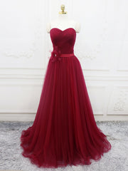 A-Line Sweetheart Neck Burgundy Long Prom Dresses, Burgundy Bridesmaid Dresses