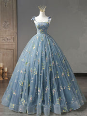 A-Line Sweetheart Neck Lace Gray Blue Long Prom Dresses, Gray Blue Sweet 16 Dresses