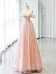 A-Line Sweetheart Neck Off Shoulder Tulle Pink Long Prom Dresses, Pink Long Formal Dresses