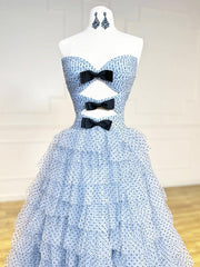 A-Line Sweetheart Neck Polka Dots Tulle Blue Long Prom Dresses, Blue Long Formal Dresses