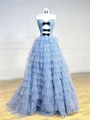 A-Line Sweetheart Neck Polka Dots Tulle Blue Long Prom Dresses, Blue Long Formal Dresses