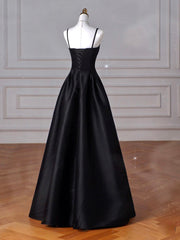 A-Line Sweetheart Neck Satin Black Long Prom Dresses, Black Long Evening Dresses