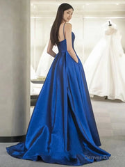 A-Line Sweetheart Neck Satin Blue Long Prom Dress, Blue Long Formal Dress