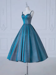 A-Line Sweetheart Neck Satin Tea Length Blue Prom Dresses, Blue Formal Dresses