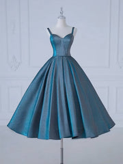 A-Line Sweetheart Neck Satin Tea Length Blue Prom Dresses, Blue Formal Dresses