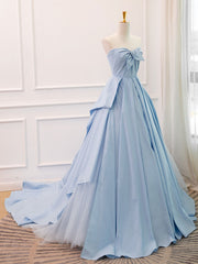 A-Line Sweetheart Neck Satin Tulle Blue Long Prom Dresses, Blue Evening Dresses