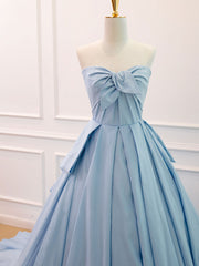 A-Line Sweetheart Neck Satin Tulle Blue Long Prom Dresses, Blue Evening Dresses