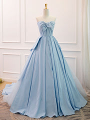 A-Line Sweetheart Neck Satin Tulle Blue Long Prom Dresses, Blue Evening Dresses