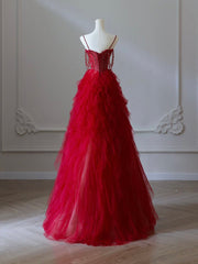 A-Line Sweetheart Neck Tulle Beads Burgundy Long Prom Dresses, Burgundy Evening Dresses