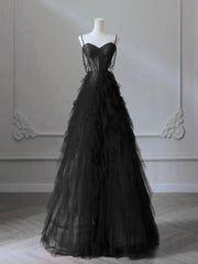 A-Line Sweetheart Neck Tulle Black Long Prom Dresses, Black Long Graduation Dresses with Beads