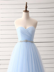 A-Line Sweetheart Neck Tulle Blue Long Prom Dresses, Blue Long Bridesmaid Dresses