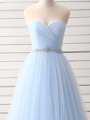 A-Line Sweetheart Neck Tulle Blue Long Prom Dresses, Blue Long Bridesmaid Dresses