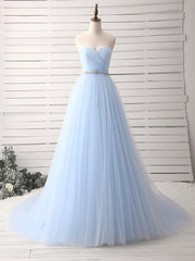 A-Line Sweetheart Neck Tulle Blue Long Prom Dresses, Blue Long Bridesmaid Dresses