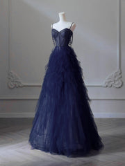 A-Line Sweetheart Neck Tulle Dark Blue Long Prom Dresses, Dark Blue Long Graduation Dresses with Beads