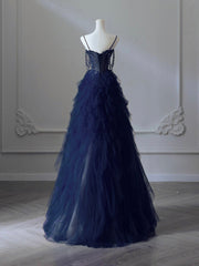 A-Line Sweetheart Neck Tulle Dark Blue Long Prom Dresses, Dark Blue Long Graduation Dresses with Beads