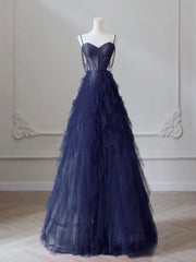 A-Line Sweetheart Neck Tulle Dark Blue Long Prom Dresses, Dark Blue Long Graduation Dresses with Beads