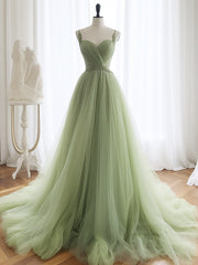 A-Line Sweetheart Neck Tulle Green Long Prom Dresses, Green Long Formal Dresses