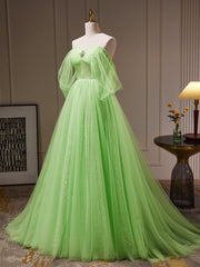 A-Line Sweetheart Neck Tulle Green Long Prom Dresses, Green Tulle Long Evening Dresses