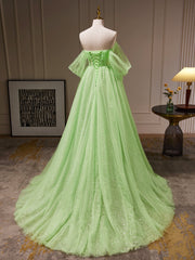 A-Line Sweetheart Neck Tulle Green Long Prom Dresses, Green Tulle Long Evening Dresses