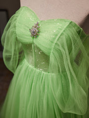 A-Line Sweetheart Neck Tulle Green Long Prom Dresses, Green Tulle Long Evening Dresses