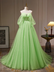 A-Line Sweetheart Neck Tulle Green Long Prom Dresses, Green Tulle Long Evening Dresses