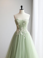 A-Line Sweetheart Neck Tulle Lace Applique Green Long Prom Dresses, Green Formal Dresses