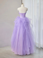 A-Line Sweetheart Neck Tulle Lace Applique Purple Long Prom Dresses, Purple Formal Dresses