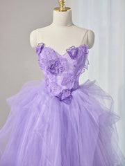 A-Line Sweetheart Neck Tulle Lace Applique Purple Long Prom Dresses, Purple Formal Dresses