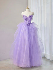 A-Line Sweetheart Neck Tulle Lace Applique Purple Long Prom Dresses, Purple Formal Dresses