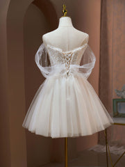 A Line Sweetheart Neck Tulle Lace Beige Short Prom Dresses,  Puffy Cute Homecoming Dresses