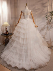 A-Line Sweetheart Neck Tulle Lace Light Champagne Long Wedding Dresses with Beads