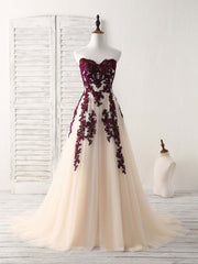 A-Line Sweetheart Tulle Lace Applique Burgundy Long Prom Dresses, Bridesmaid Dresses