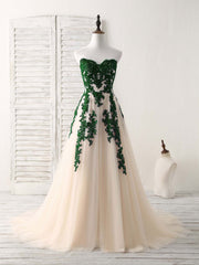 A-Line Sweetheart Tulle Lace Applique Green Long Prom Dresses, Bridesmaid Dresses