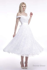 A Line Tea Length Lace Off Shoulder Mid-length Wedding Dresses