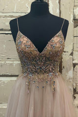 A-Line Tulle Beaded Long Prom Dresses, Cute V-Neck Evening Party Dresses