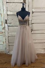 A-Line Tulle Beaded Long Prom Dresses, Cute V-Neck Evening Party Dresses