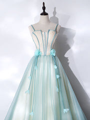 A-Line Tulle Green Long Prom Dresses, Green Graduation Dresses with Sweep Train