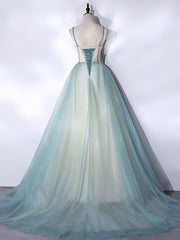 A-Line Tulle Green Long Prom Dresses, Green Graduation Dresses with Sweep Train