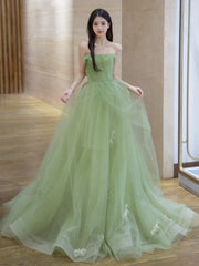 A-Line Tulle Green Long Prom Dresses, Green Long Formal Dresses