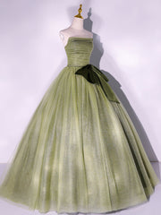 A Line Tulle Green Long Prom Dresses, Green Tulle Evening Party Dresses