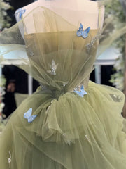 A-Line  Tulle Green Long Prom Dresses, Green Tulle Long Sweet 16 Dresses