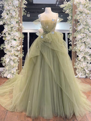 A-Line  Tulle Green Long Prom Dresses, Green Tulle Long Sweet 16 Dresses