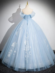 A-Line Tulle Lace Blue Long Prom Dresses, Off Shoulder Blue Long Sweet 16 Dresses